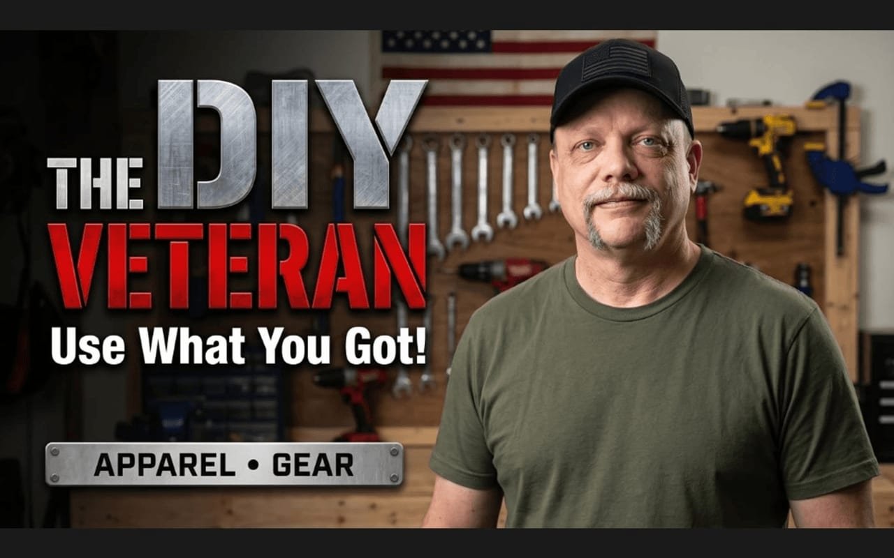 The DIY Veteran in a workshop with tools and American flag