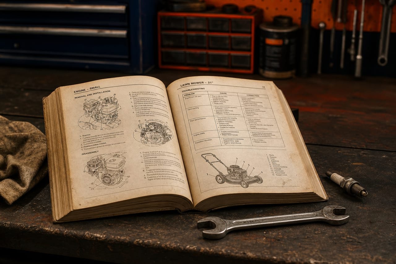 Open repair manual with small engine diagrams on a garage workbench